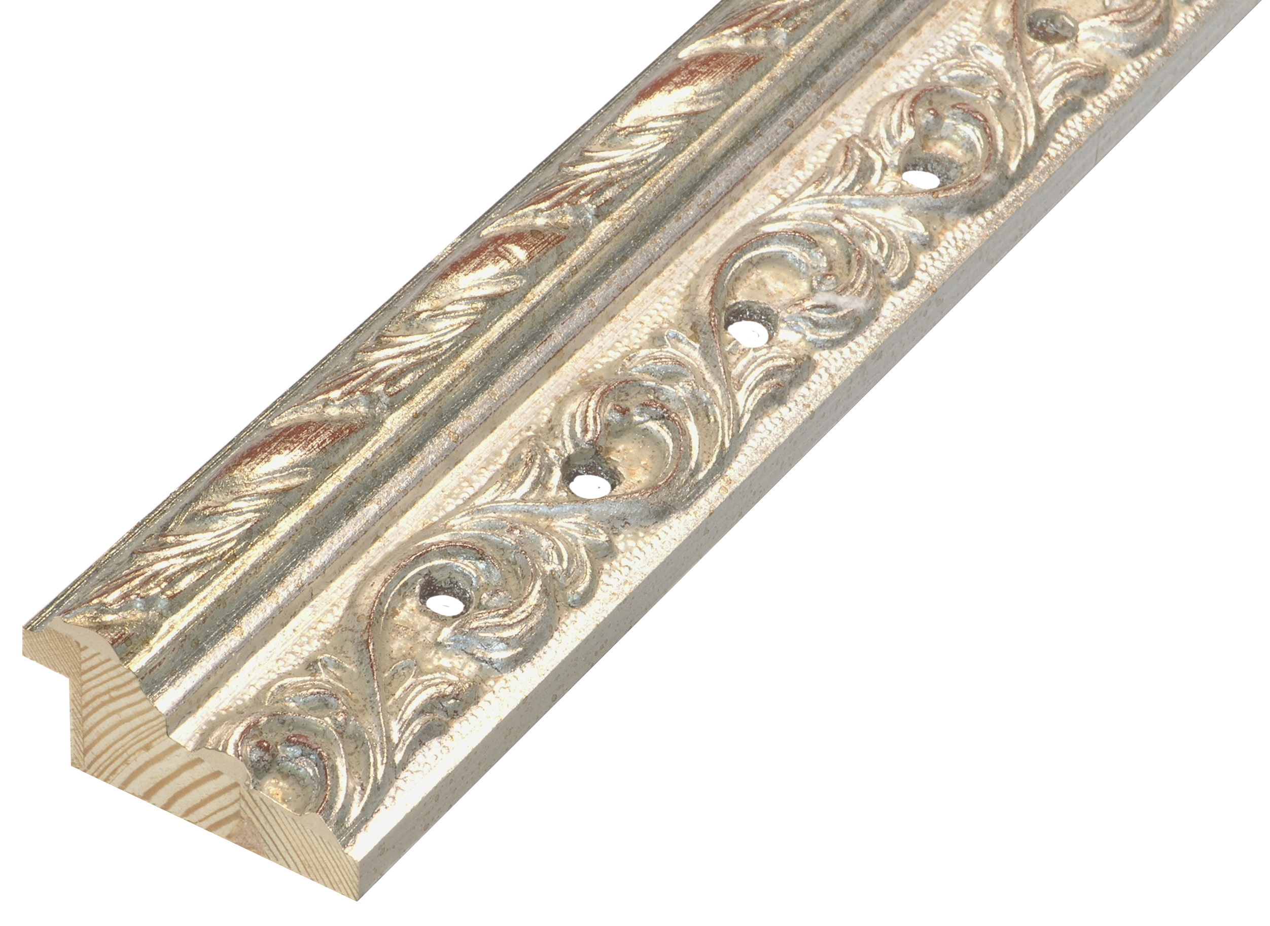 Moulding finger-jointed pine 48mm wide - silver with holes and decorat - 458ARGENTO