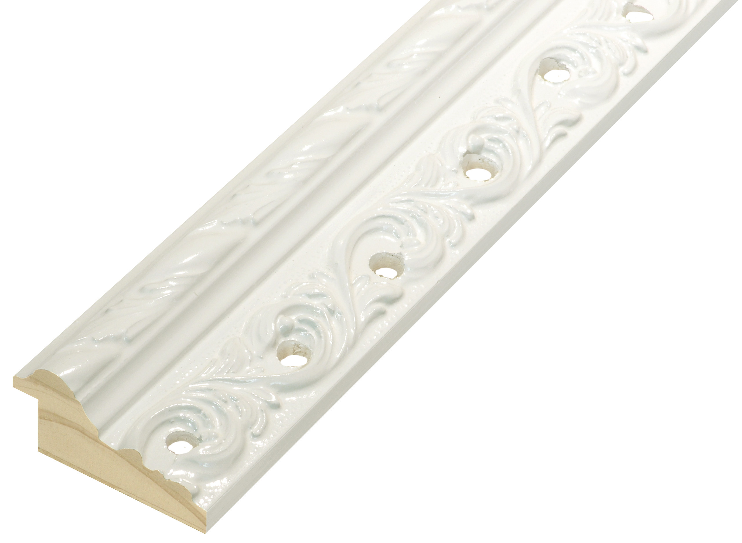 Moulding finger-jointed pine 48mm wide - white, holes and decoratiions - 458BIANCO