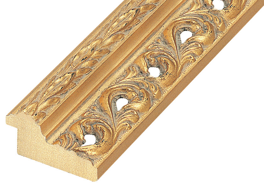 Moulding finger-jointed pine 48mm wide - gold with holes and decoratio - 458ORO