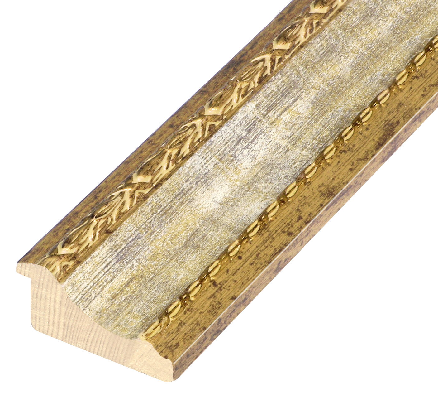 Moulding lamellar pine, width 68mm - gold, white band, decorations