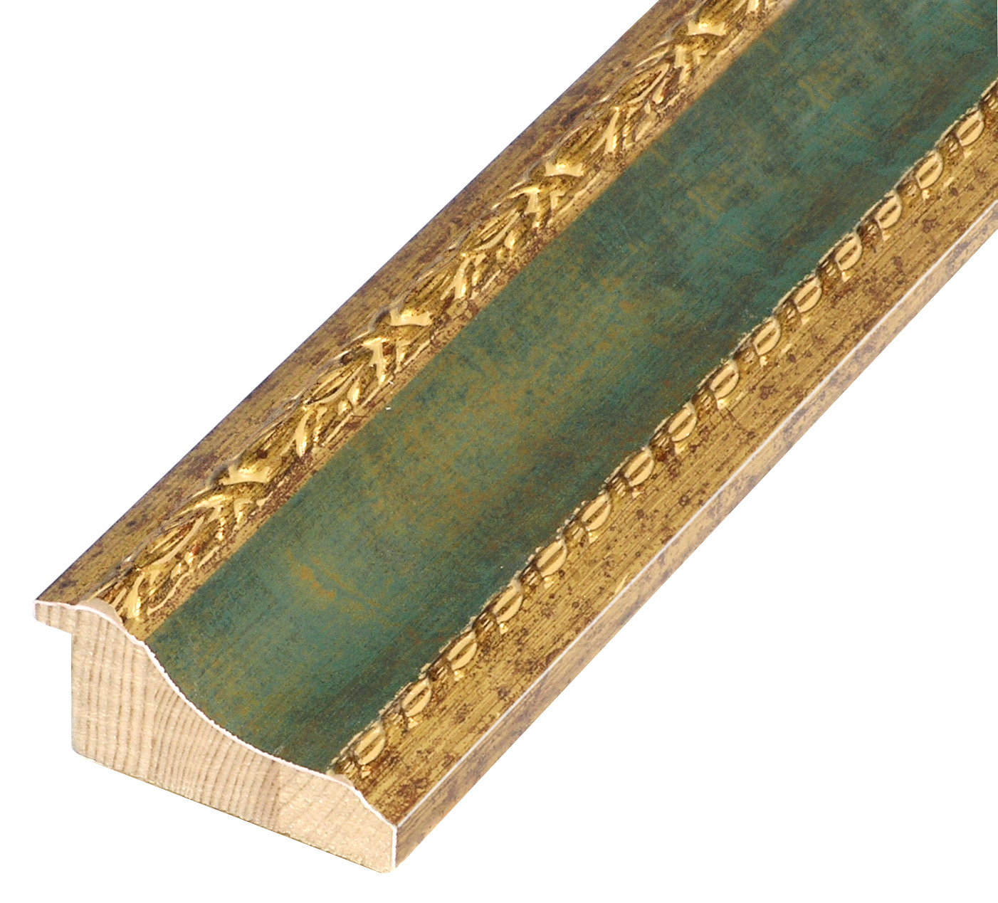 Moulding lamellar pine, width 68mm - gold green band, decorations