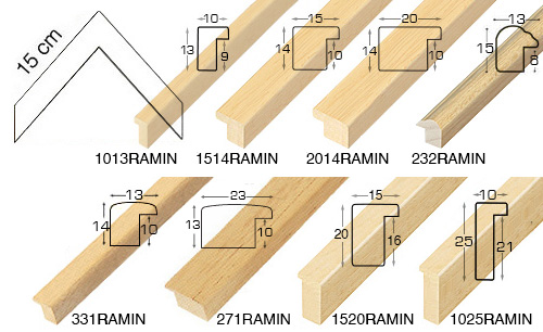 Complete set of corner samples of raw ramin mouldings (7 pieces)