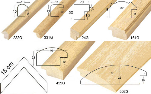 Complete set of corner samples of raw mouldings (5 pieces)