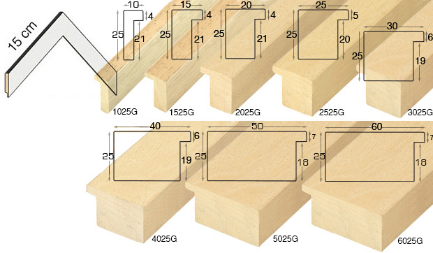 Complete set of corner samples of raw mouldings height 25mm (8 pieces)