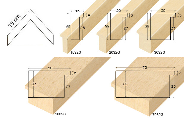 Complete set of corner samples of raw mouldings height 32m (6 pieces)