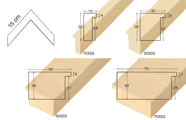 Complete set of corner samples of raw mouldings height 32m (6 pieces)