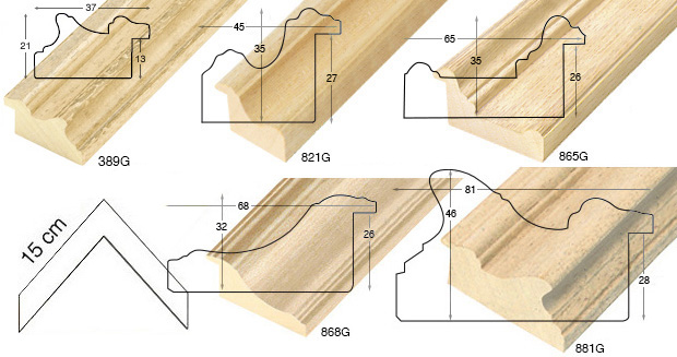 Complete set of corner samples of raw mouldings (5 pieces)