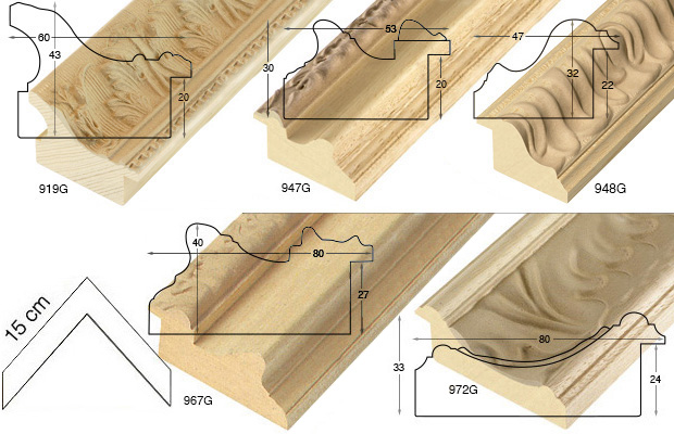 Complete set of corner samples of raw decorated mouldings (5 pieces)