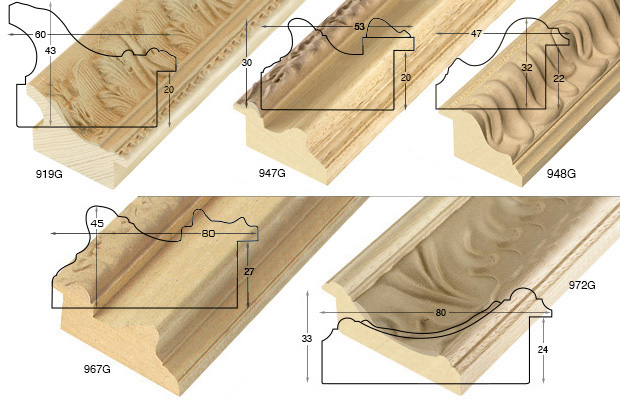 Complete set of corner samples of raw decorated mouldings (5 pieces)