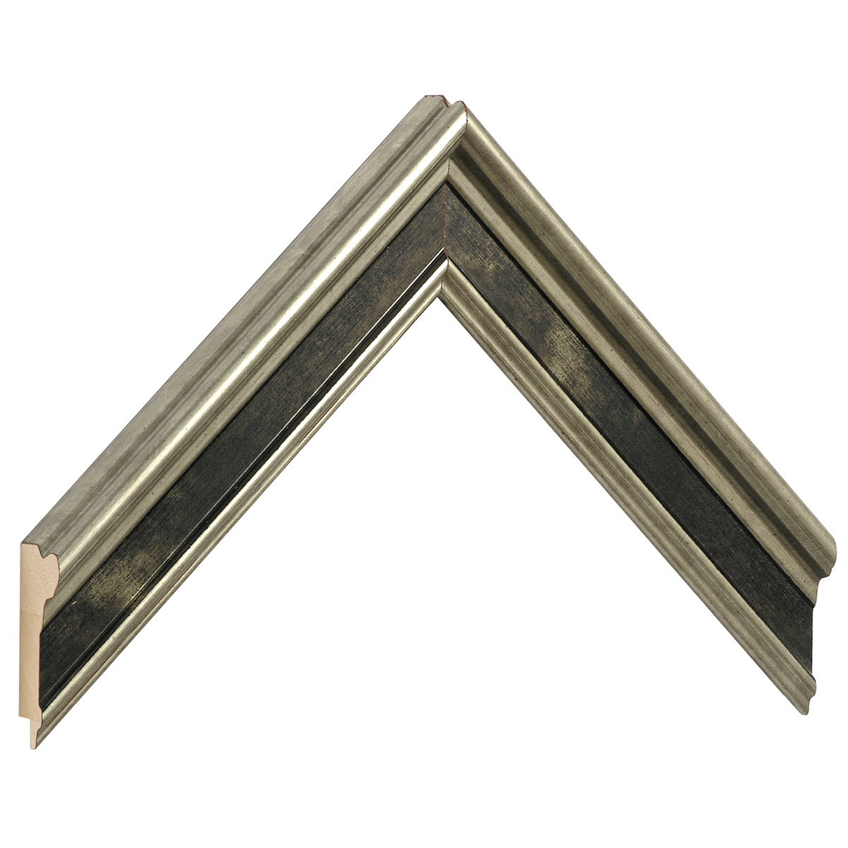 Moulding fingerjointed pine, width 34mm, height 22 - Silver, black band - Sample