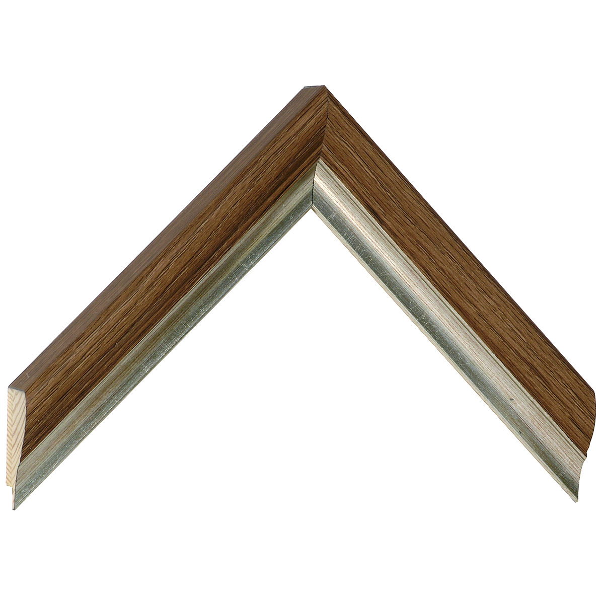 Moulding finger-jointed pine, width 30mm, height 27 - Walnut, white band - Sample