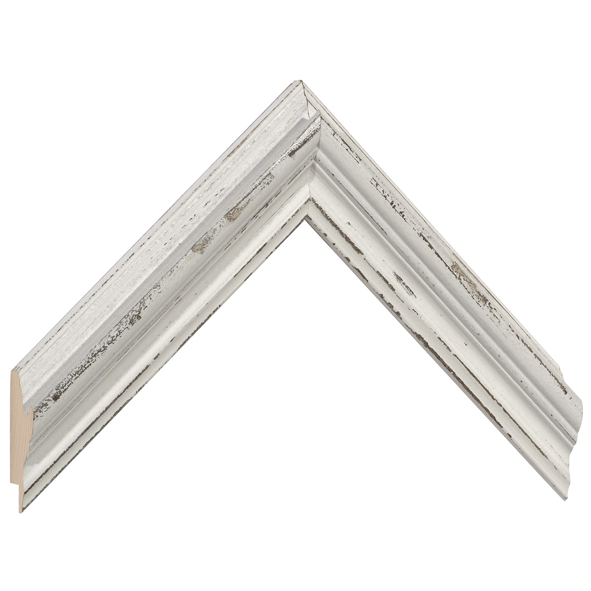 Moulding finger-jointed fir, width 36mm, height 30 - White, distressed - Sample