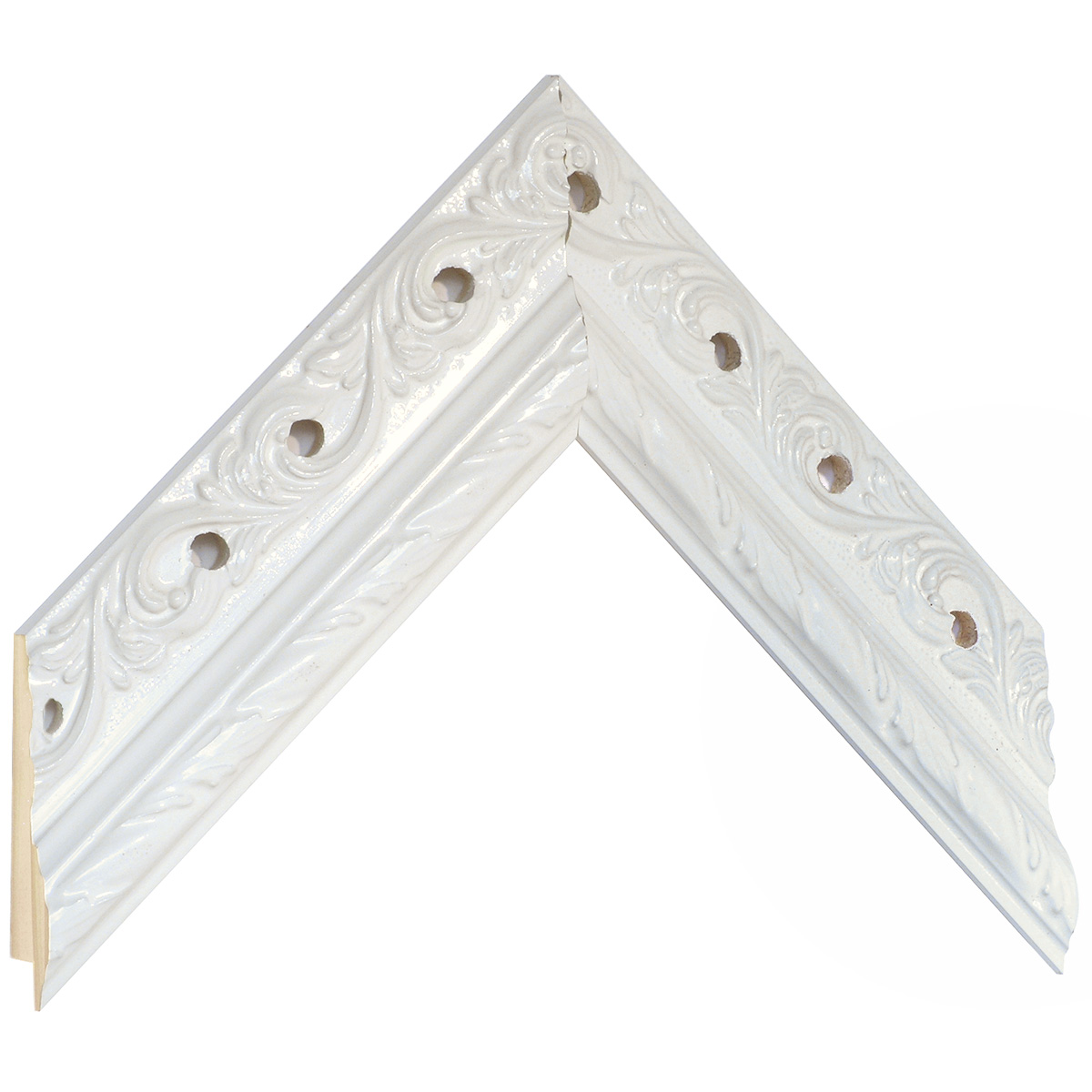 Moulding finger-jointed pine 48mm wide - white, holes and decoratiions - Sample