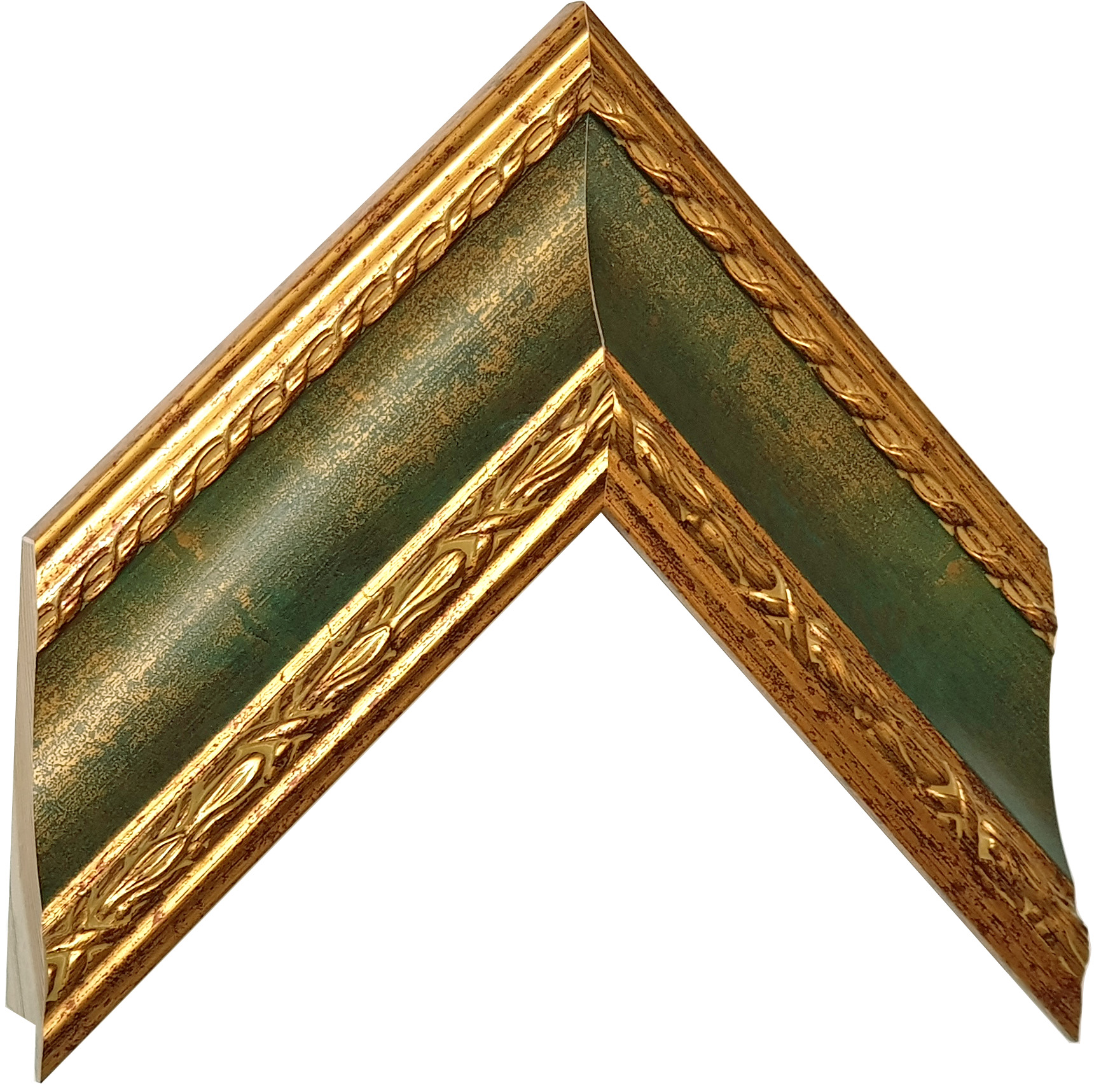 Moulding lamellar pine, width 68mm - gold green band, decorations - Sample
